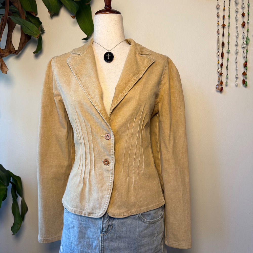Fifi Tan Denim Pleated Waist Puff Sleeve Blazer Jacket Y2K Indie Minimalist Twee
